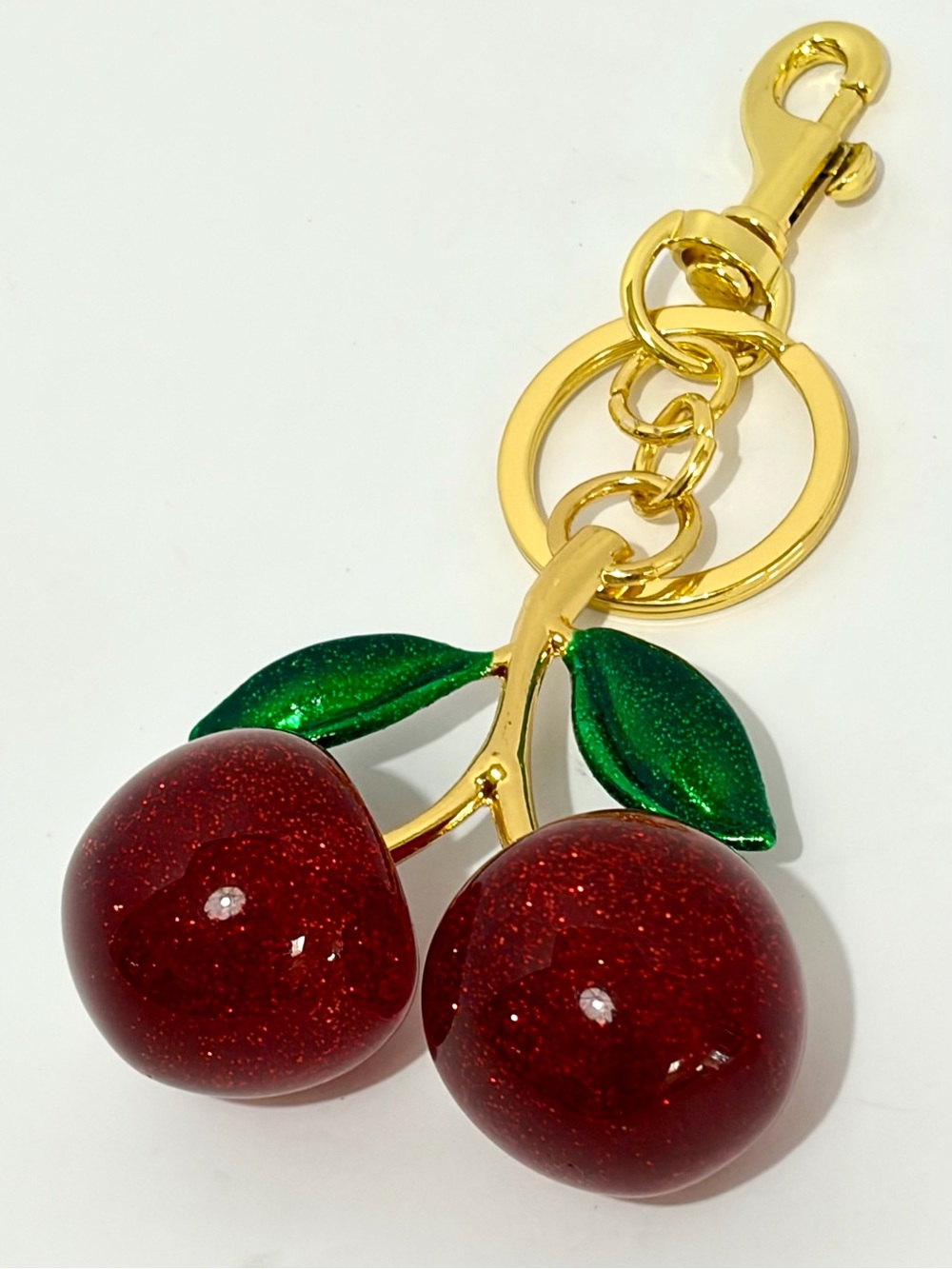 Gold-Tone Cherry Keyring/Bag Charm in Red & Green